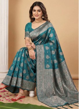 Silk Blend Classic Saree with Woven Work for Women in Aqua Blue