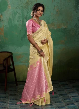Cotton Silk Traditional Saree with Woven Work for Ceremonial in Pink and Yellow