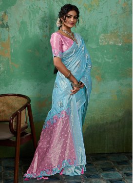 Light Blue and Pink Cotton Silk Woven Work Traditional Saree for Women