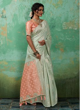 Peach and Turquoise Cotton Silk Traditional Saree with Woven Work for Festival