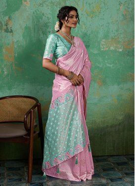 Woven Work Cotton Silk Traditional Saree in Pink and Turquoise for Women
