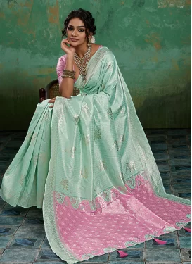Cotton Silk Traditional Saree in Pink and Turquoise with Woven Work for Women