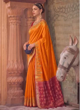 Silk Blend Classic Saree with Woven Work in Orange and Red for Ceremonial