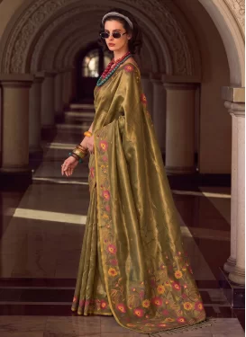 Woven Work Tissue Classic Saree in Olive for Women