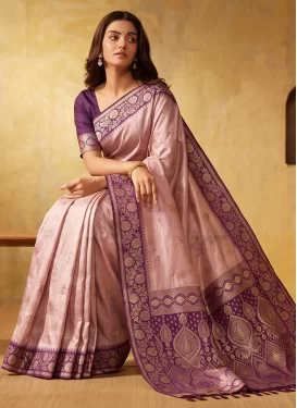Pink and Purple Silk Blend Classic Saree with Woven Work for Ceremonial