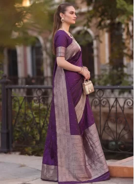 Woven Work Cotton Traditional Saree in Purple for Casual