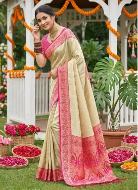 Woven Work Jacquard Silk Trendy Saree in Cream and Rose Pink for Ceremonial