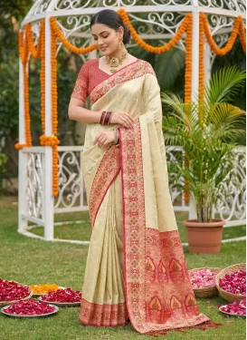 Woven Work Jacquard Silk Trendy Saree in Cream and Red for Ceremonial