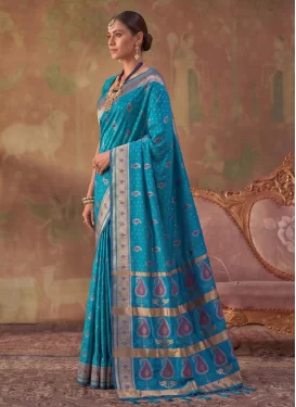 Silk Blend Trendy Saree in Light Blue with Woven Work for Ceremonial