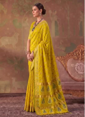Yellow Silk Blend Woven Work Trendy Saree for Women