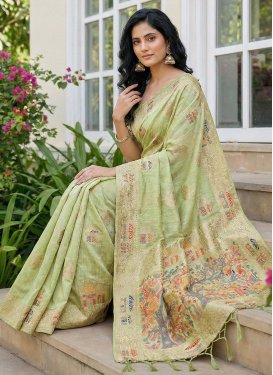 Cotton Silk Digital Print Work Traditional Saree in Mint Green