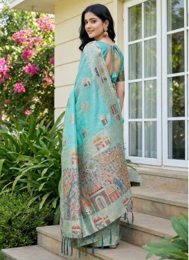 Cotton Silk Traditional Saree with Woven Work in Firozi for Casual