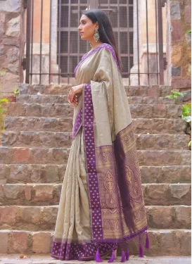 Beige and Purple Cotton Silk Trendy Saree with Woven Work for Casual