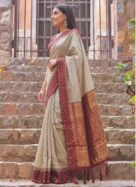 Woven Work Cotton Silk Trendy Saree in Beige and Red for Women