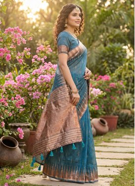 Woven Work Cotton Silk Classic Saree in Teal for Women