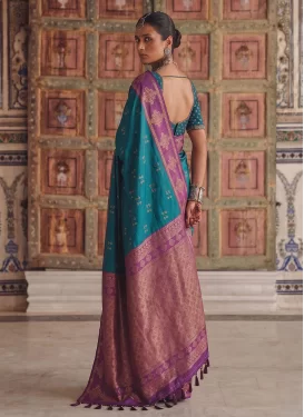 Silk Blend Classic Saree with Woven Work for Ceremonial in Purple and Teal