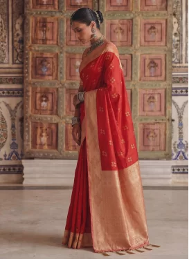 Silk Blend Trendy Saree with Woven Work for Ceremonial in Red