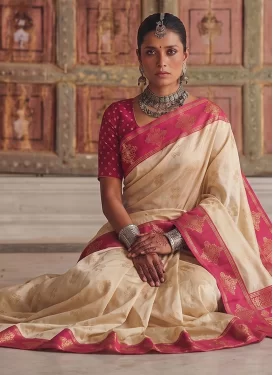 Woven Work Silk Blend Trendy Saree in Cream and Rose Pink for Women