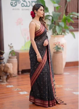 Silk Blend Trendy Saree in Black with Woven Work for Women