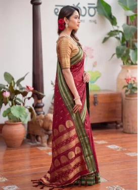 Woven Work Silk Blend Trendy Saree in Red for Women