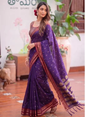 Silk Blend Classic Saree with Woven Work for Ceremonial in Purple