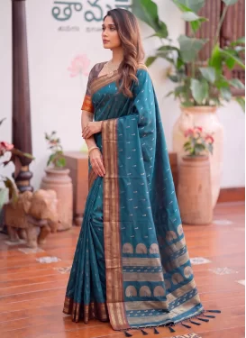 Woven Work Silk Blend Classic Saree in Teal for Women