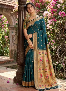 Woven Work Silk Blend Traditional Saree in Teal for Women