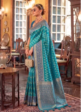 Woven Work Trendy Saree For Ceremonial in Teal and Turquoise