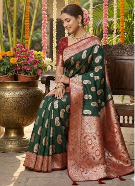 Woven Work Trendy Saree For Ceremonial in Green and Maroon