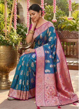 Silk Blend Trendy Saree in Magenta and Teal with Woven Work for Women