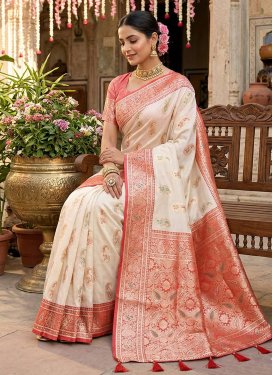 Woven Work Silk Blend Trendy Saree in Cream and Salmon for Women