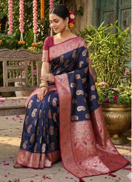 Silk Blend Trendy Saree with Woven Work for Ceremonial in Navy Blue and Red