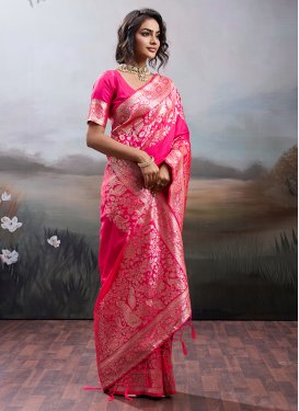 Silk Blend Traditional Saree with Woven Work for Casual in Rose Pink