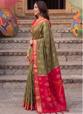 Woven Work Silk Blend Trendy Saree in Olive and Red for Women