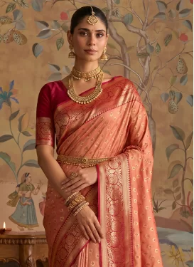 Silk Blend Traditional Saree with Woven Work for Festival in Peach and Red