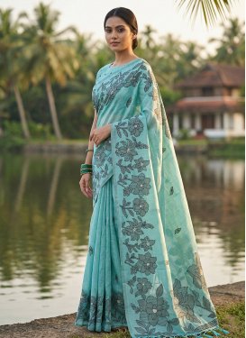 Cotton Classic Saree with Digital Print Work in Aqua Blue