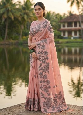 Digital Print Work Cotton Classic Saree in Salmon for Women