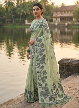 Cotton Classic Saree with Digital Print Work for Women in Sea Green