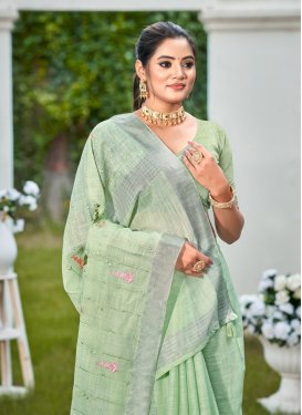 Linen Classic Saree with Embroidered Work in Sea Green
