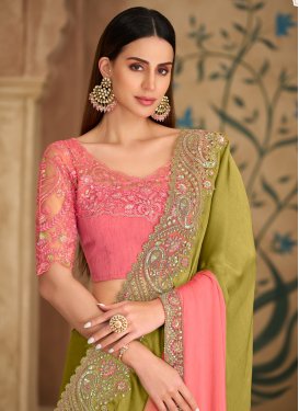Olive and Salmon Georgette Embroidered Work Traditional Saree for Women