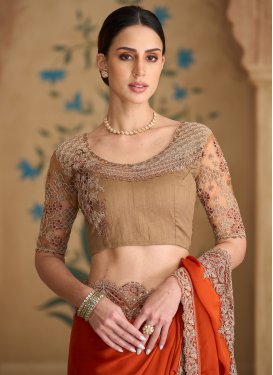 Embroidered Work Chiffon Satin Traditional Saree in Orange for Party