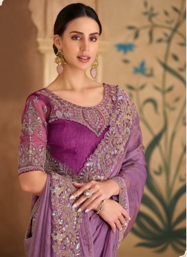 Tissue Trendy Saree in Violet with Embroidered Work for Festival