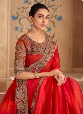 Chiffon Trendy Saree in Red with Embroidered Work for Women