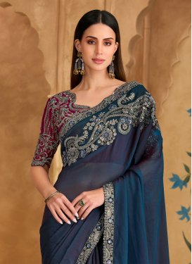 Embroidered Work Satin Georgette Trendy Saree in Teal for Women
