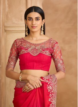 Chiffon Satin Trendy Saree with Embroidered Work for Festival in Rose Pink
