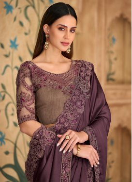 Chiffon Satin Trendy Saree with Embroidered Work in Wine