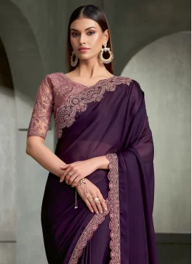 Chiffon Satin Embroidered Work Classic Saree in Purple