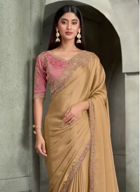 Embroidered Work Satin Georgette Traditional Saree in Beige for Ceremonial