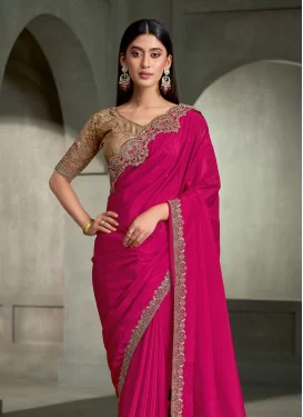 Embroidered Work Crepe Silk Traditional Saree in Rose Pink for Women