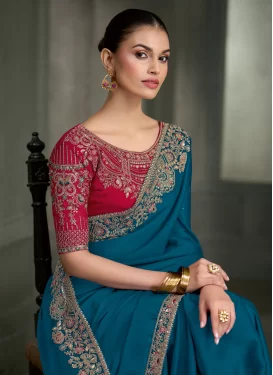 Crepe Silk Traditional Saree with Embroidered Work in Teal